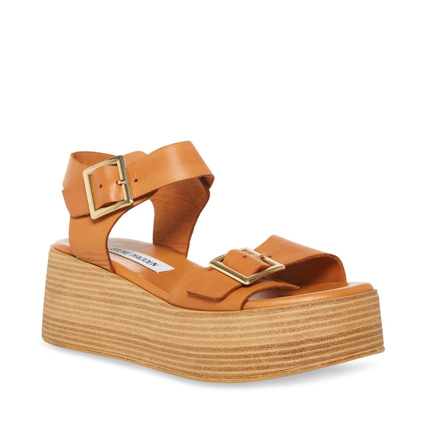 Brown Steve Madden Marka Leather Women's Platform Sandals | PH 1503NXM